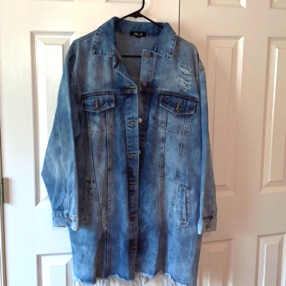 36 point 5 Distressed Denim Long Jean Jacket Coat